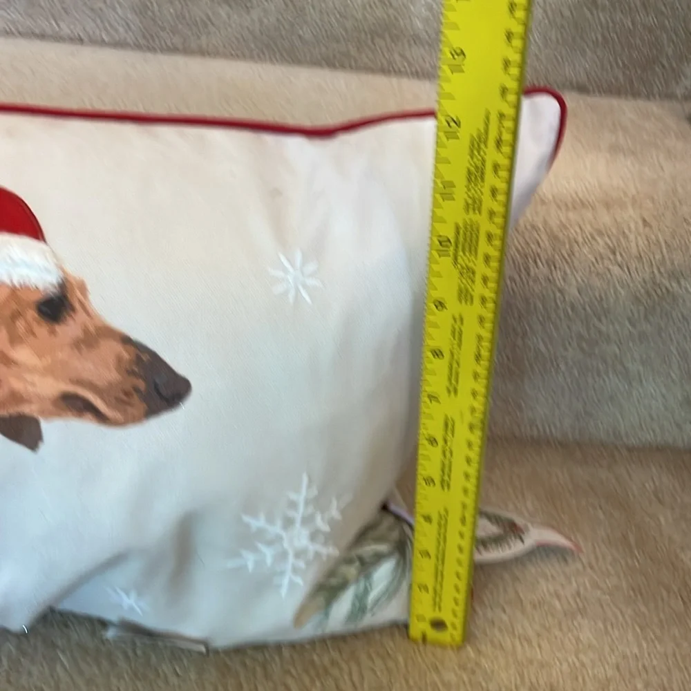 Long feather dachshund holiday themed pillow with handcrafted details.